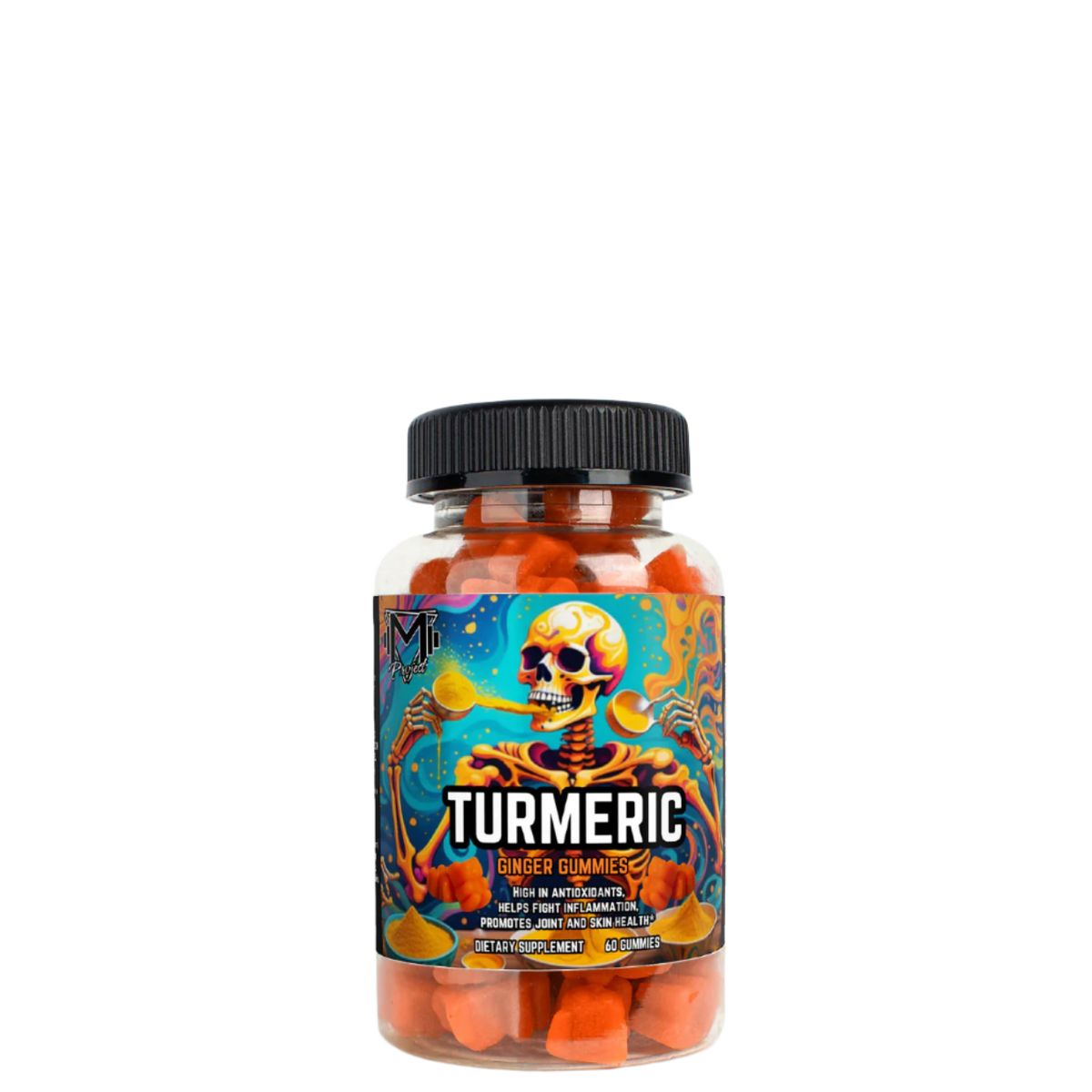 A bottle of Turmeric Gummies by Project M with decorative skeleton illustration.