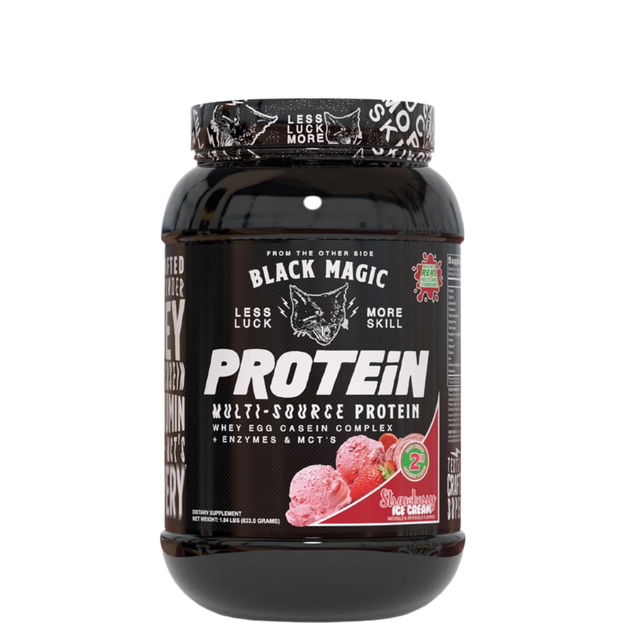 A container of Black Magic Supply Multi-Source Protein powder with a label showing the product name and an image of a shaker cup with the same brand.