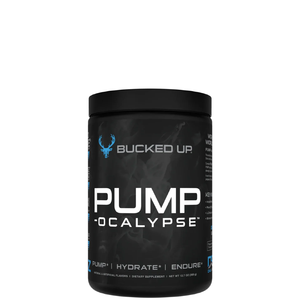 A container of PUMP-OCALYPSE supplement with an illustrated character on the label.