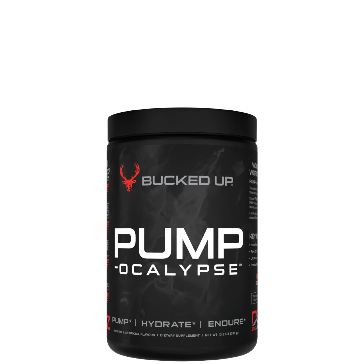 A container of PUMP-OCALYPSE supplement with an illustrated character on the label.