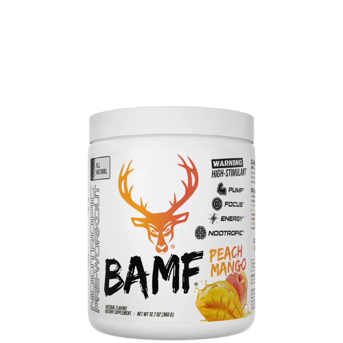 A container of BAMF All Natural Pre-Workout powder in Peach Mango flavor.