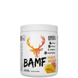 A container of BAMF All Natural Pre-Workout powder in Peach Mango flavor.