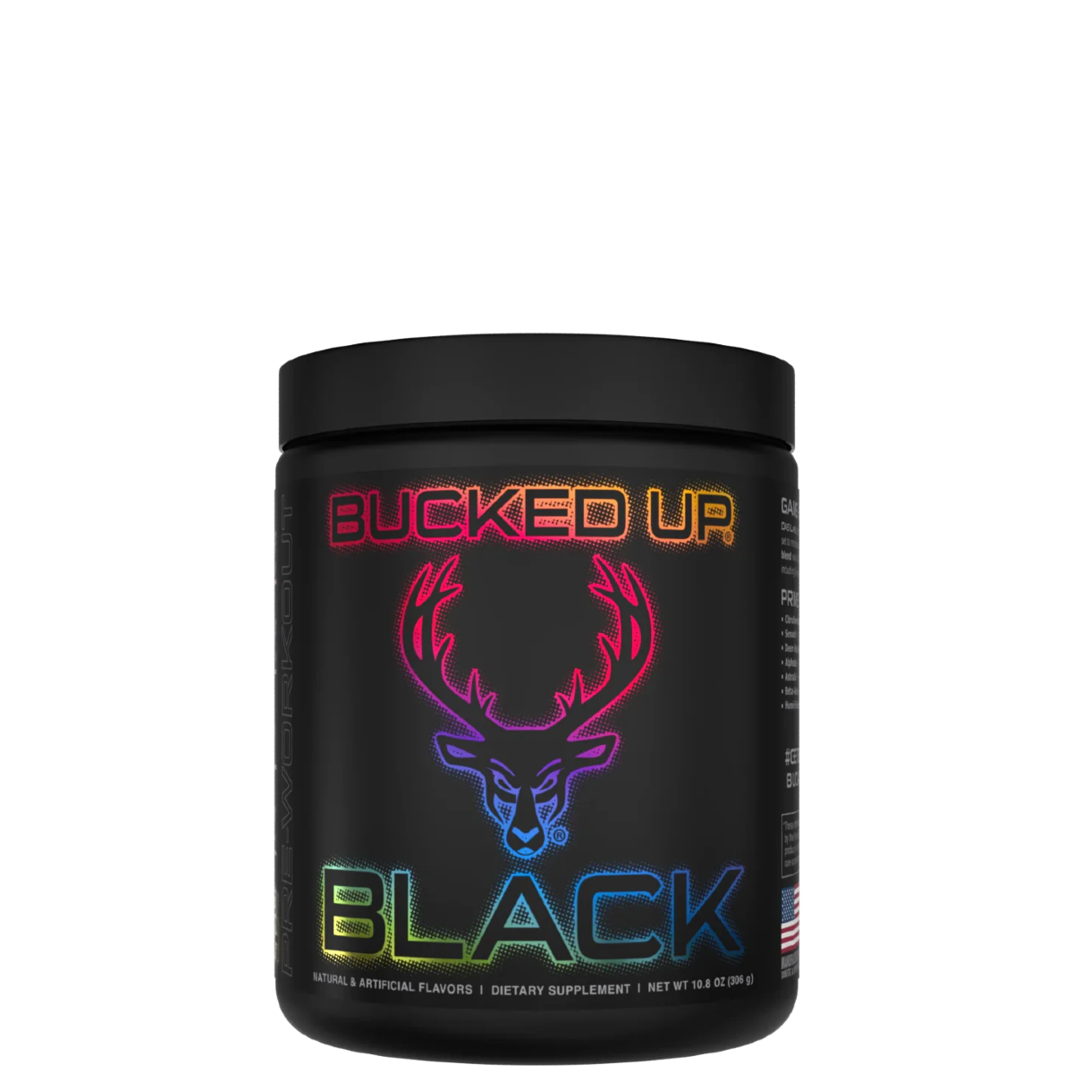 A container of Bucked Up BLACK Pre-Workout with a black background and colorful text and graphics, indicating the product is a dietary supplement.