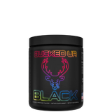 A container of Bucked Up BLACK Pre-Workout with a black background and colorful text and graphics, indicating the product is a dietary supplement.
