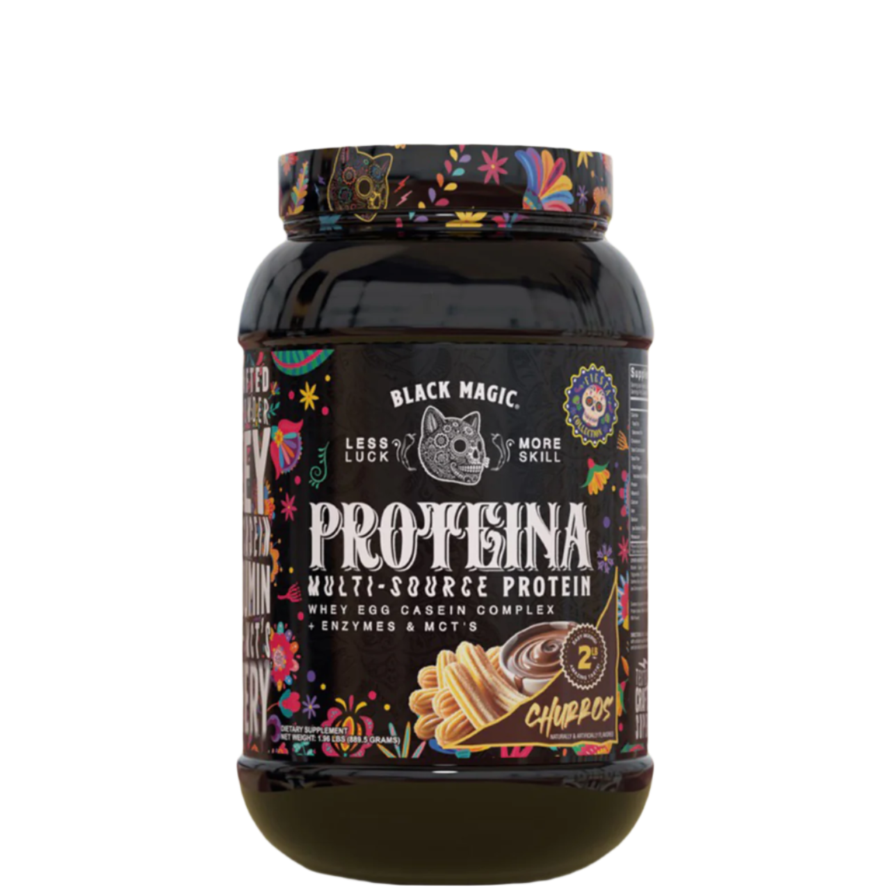 A container of Black Magic Supply Multi-Source Protein powder with a label showing the product name and an image of a shaker cup with the same brand.