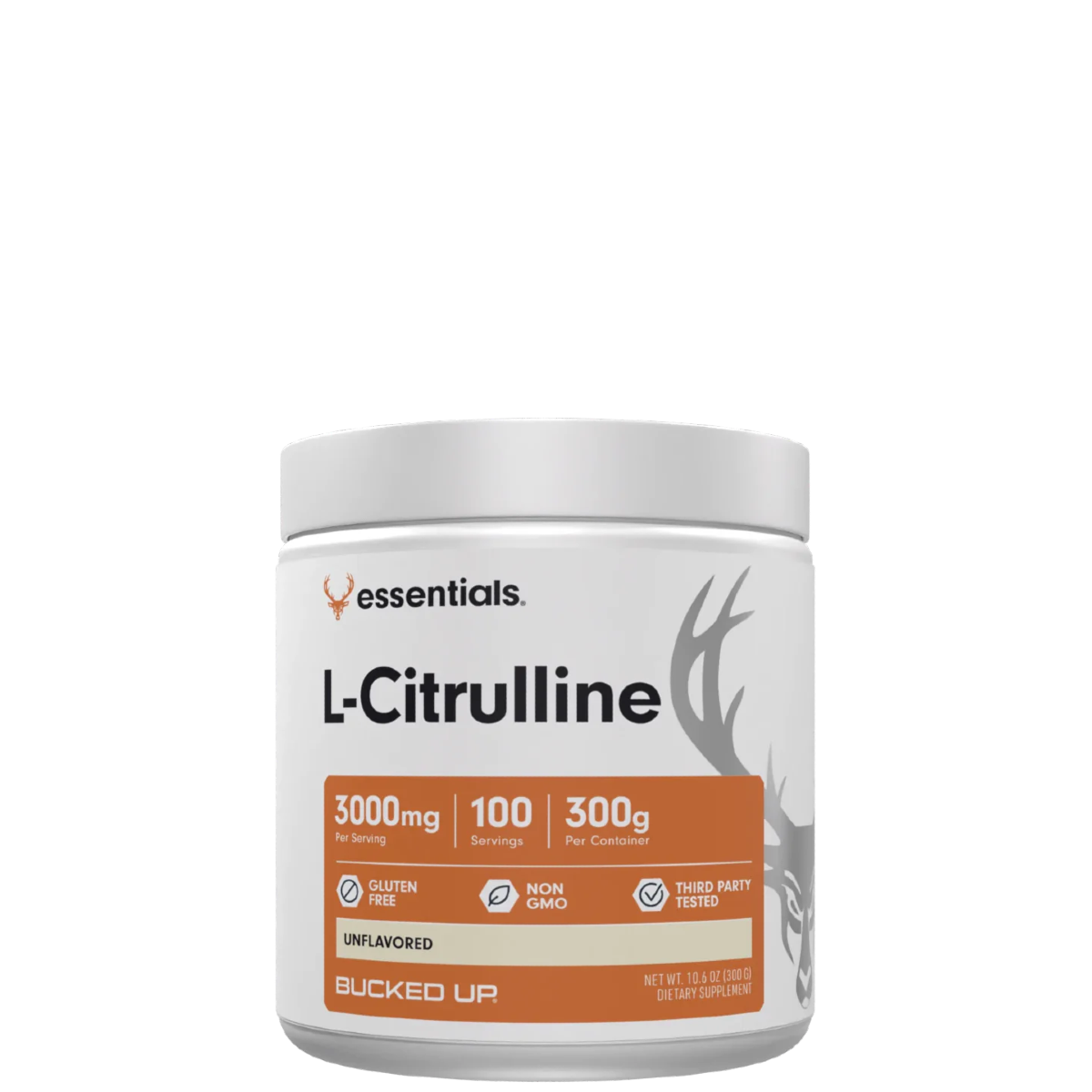 A container of L-Citrulline supplement powder with the brand essentials by Bucked Up visible on the label. The container is white with a label that includes the product name, dosage information, and branding details.