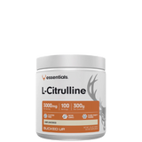 A container of L-Citrulline supplement powder with the brand essentials by Bucked Up visible on the label. The container is white with a label that includes the product name, dosage information, and branding details.