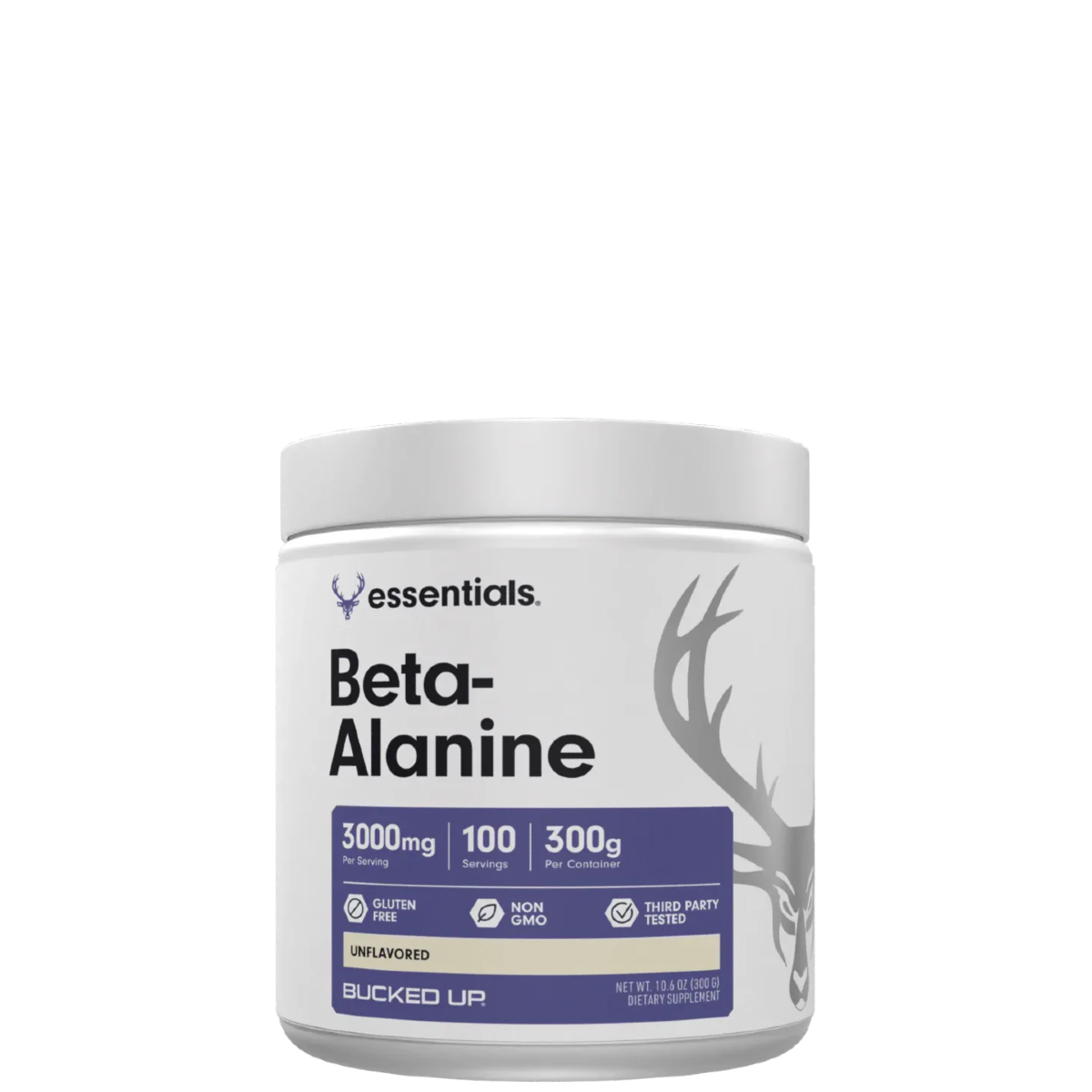 A container of Bucked Up Beta-Alanine by essentials, with a weight of 300g and 100 servings, intended for fitness and endurance activities.