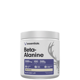 A container of Bucked Up Beta-Alanine by essentials, with a weight of 300g and 100 servings, intended for fitness and endurance activities.
