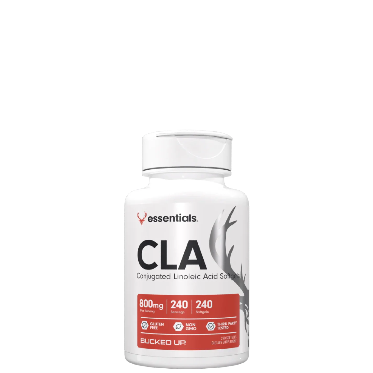 A bottle of CLA supplements branded 'bucked up' with a white and red label, indicating a dosage of 600mg per capsule.
