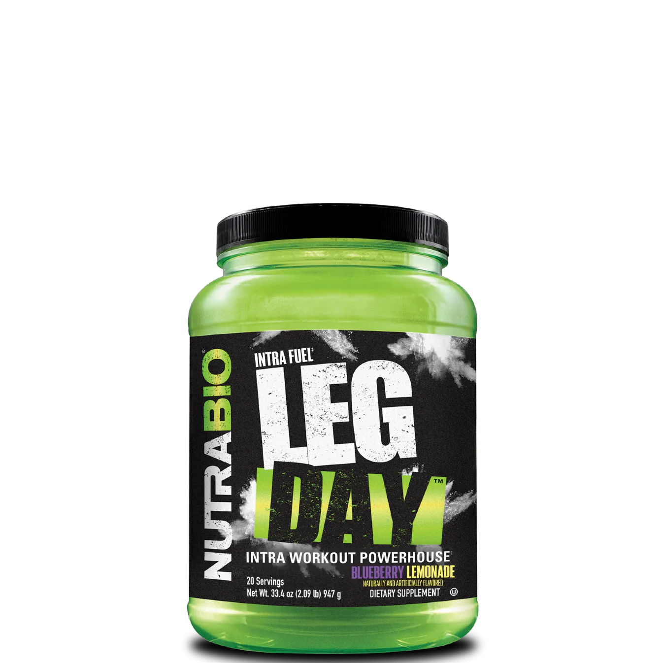 A green plastic container of NutraBio LEG DAY intra workout supplement, featuring the brand logo and product name, with a peach color design element.