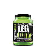 A green plastic container of NutraBio LEG DAY intra workout supplement, featuring the brand logo and product name, with a peach color design element.