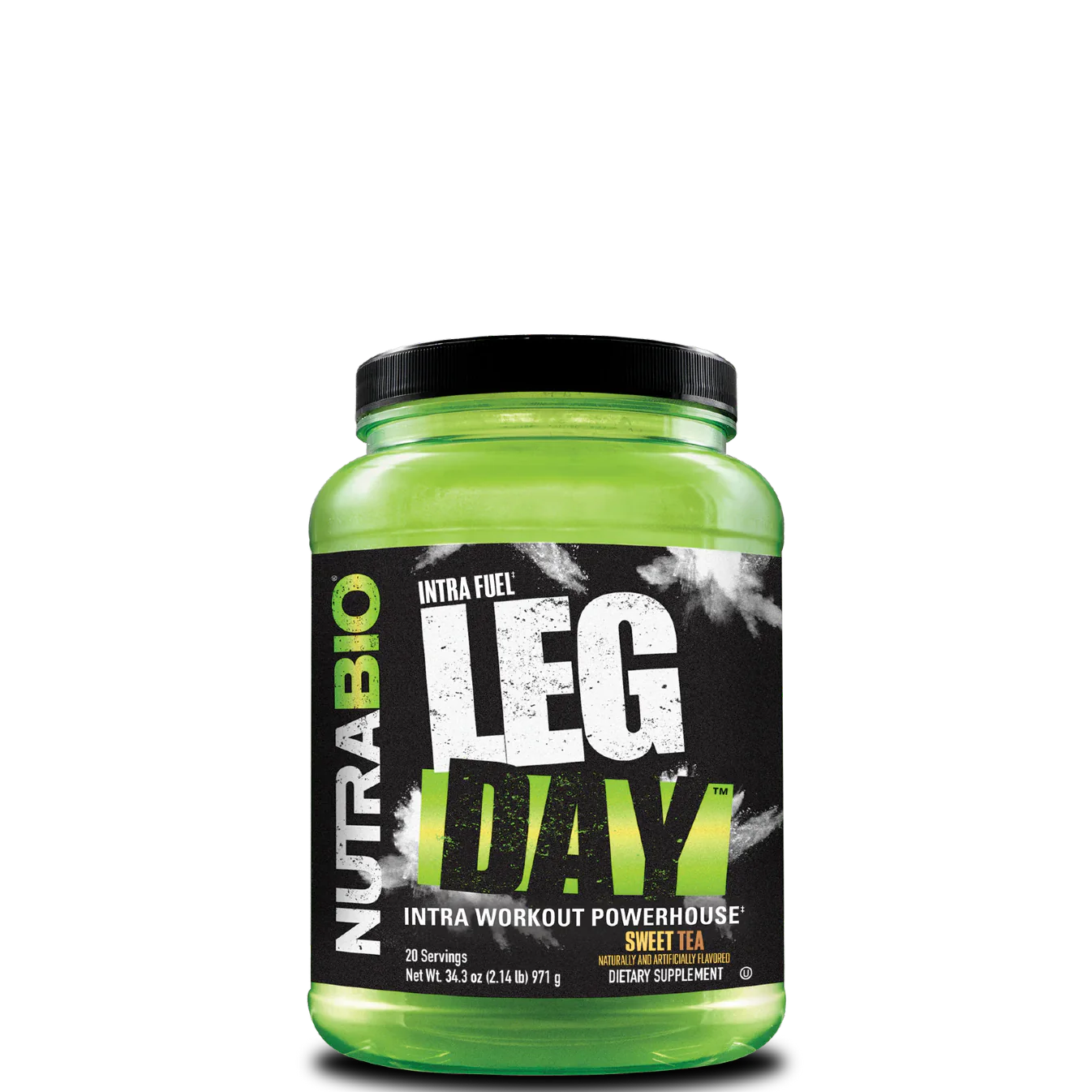 A green plastic container of NutraBio LEG DAY intra workout supplement, featuring the brand logo and product name, with a peach color design element.