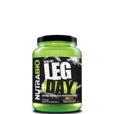 A green plastic container of NutraBio LEG DAY intra workout supplement, featuring the brand logo and product name, with a peach color design element.