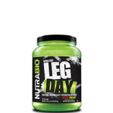 A green plastic container of NutraBio LEG DAY intra workout supplement, featuring the brand logo and product name, with a peach color design element.