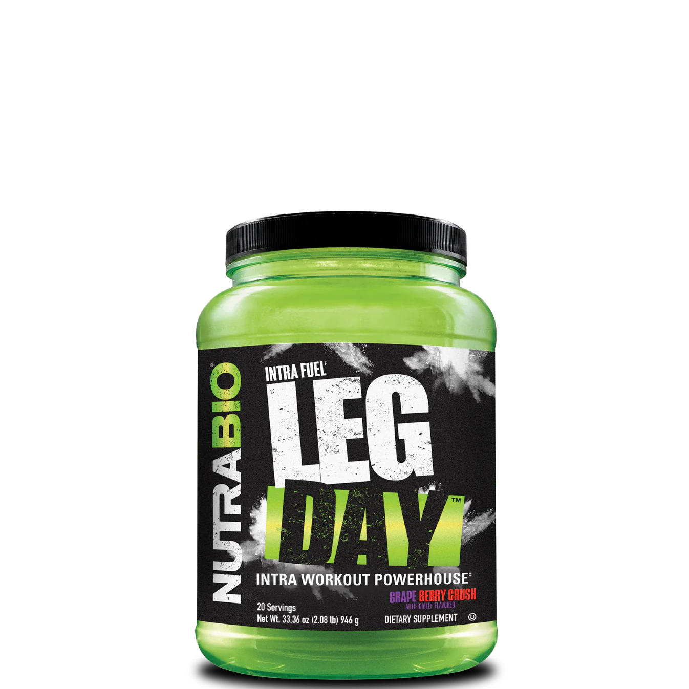 A green plastic container of NutraBio LEG DAY intra workout supplement, featuring the brand logo and product name, with a peach color design element.