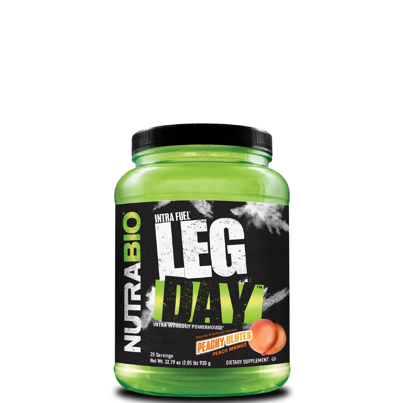 A green plastic container of NutraBio LEG DAY intra workout supplement, featuring the brand logo and product name, with a peach color design element.