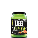 A green plastic container of NutraBio LEG DAY intra workout supplement, featuring the brand logo and product name, with a peach color design element.