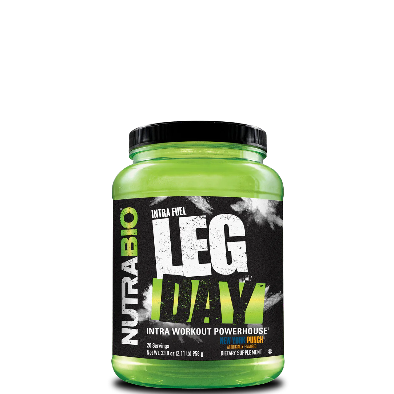 A green plastic container of NutraBio LEG DAY intra workout supplement, featuring the brand logo and product name, with a peach color design element.