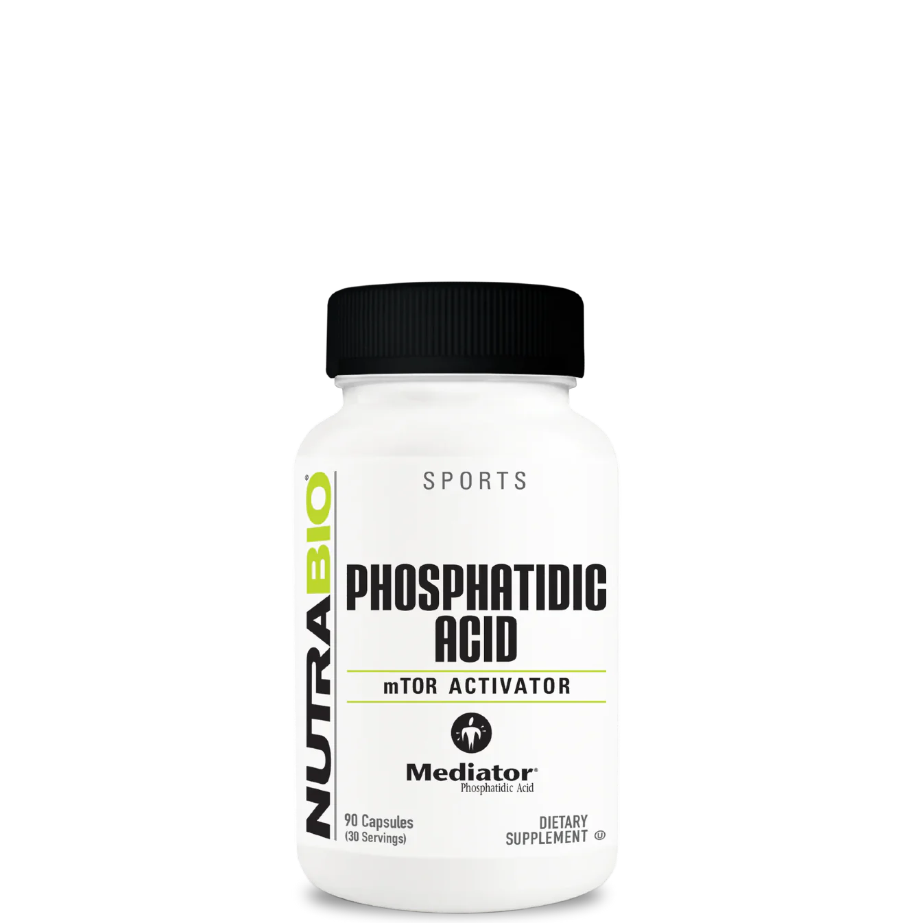 A bottle of NutraBio Phosphatidic Acid (Mediator) supplement with 500mg per capsule, designed for supporting muscle health and wellness.