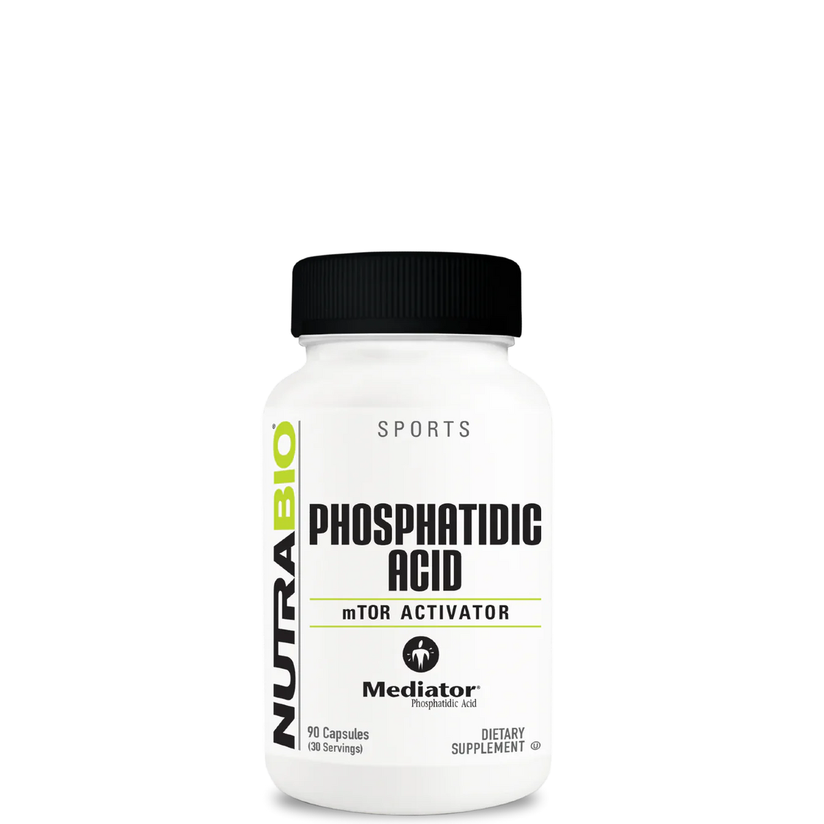 A bottle of NutraBio Phosphatidic Acid (Mediator) supplement with 500mg per capsule, designed for supporting muscle health and wellness.