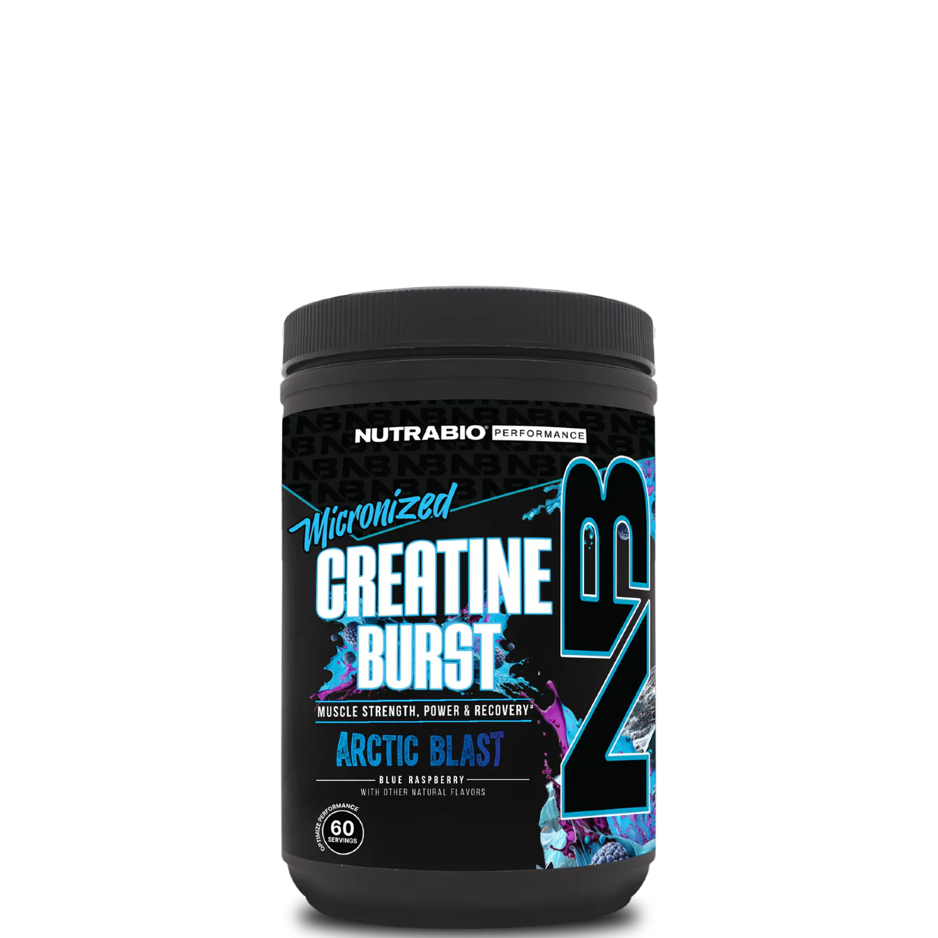 A container of NutraBio Creatine Burst in citrus rush flavor, which is a micronized creatine monohydrate supplement.