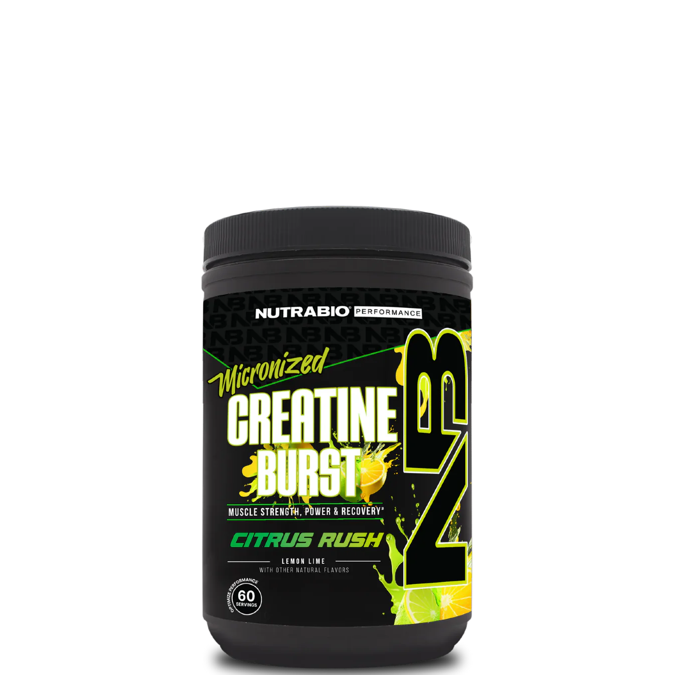 A container of NutraBio Creatine Burst in citrus rush flavor, which is a micronized creatine monohydrate supplement.