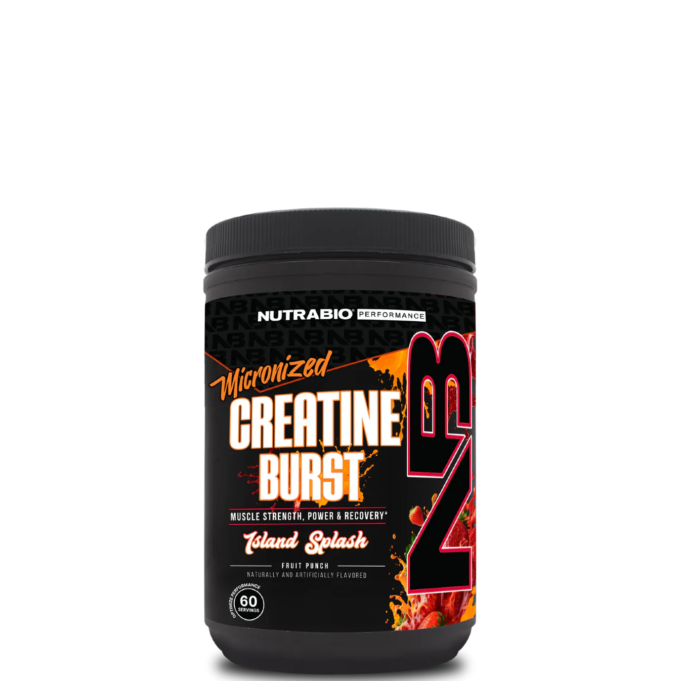 A container of NutraBio Creatine Burst in citrus rush flavor, which is a micronized creatine monohydrate supplement.