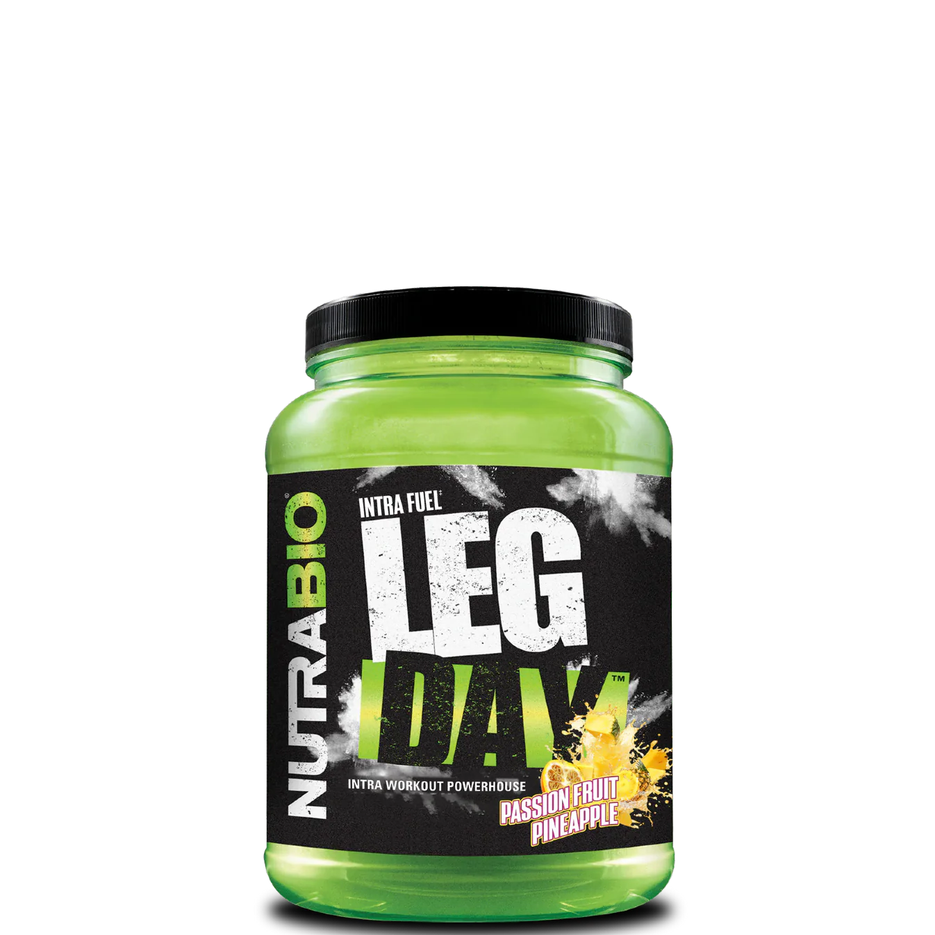 A green plastic container of NutraBio LEG DAY intra workout supplement, featuring the brand logo and product name, with a peach color design element.