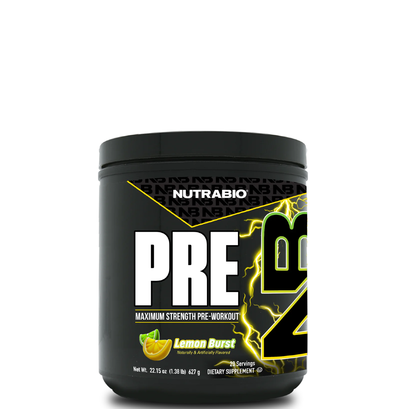 A container of NutraBio Maximum Strength Pre-Workout supplement with lemon burst flavor.