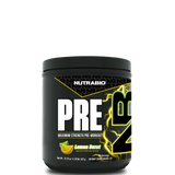 A container of NutraBio Maximum Strength Pre-Workout supplement with lemon burst flavor.