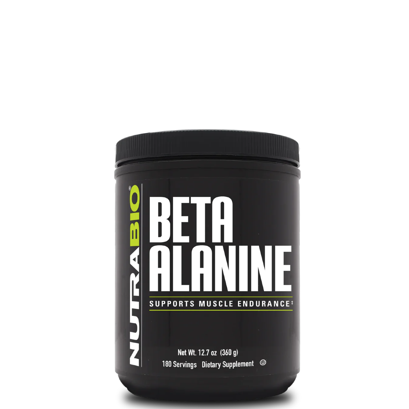 A container of NutraBio Beta Alanine Powder, which is a dietary supplement for muscle endurance.