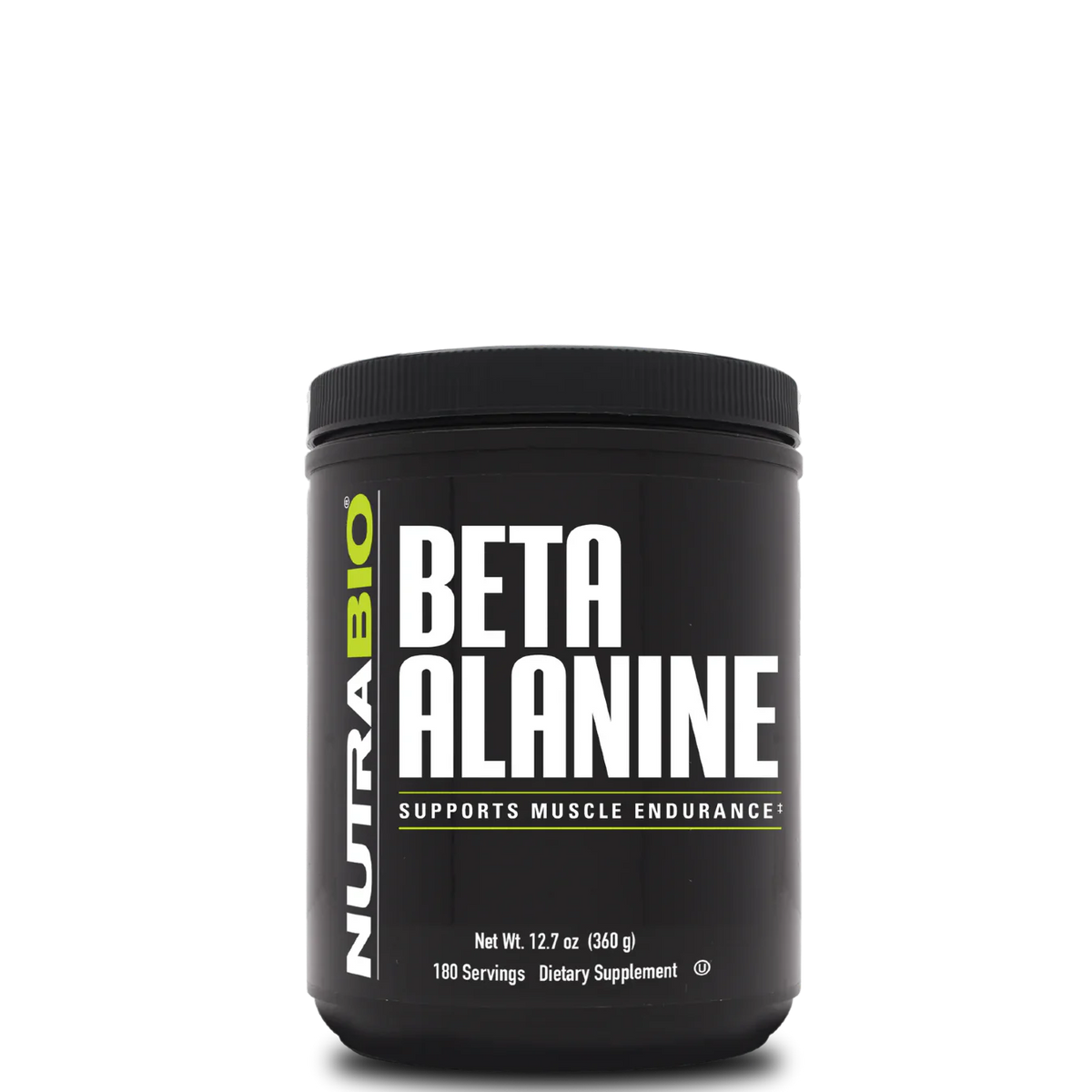 A container of NutraBio Beta Alanine Powder, which is a dietary supplement for muscle endurance.