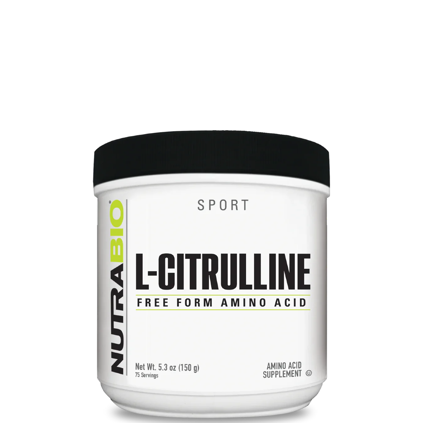 A container of Nutrabio L-Citrulline powder, which is a free form amino acid supplement.