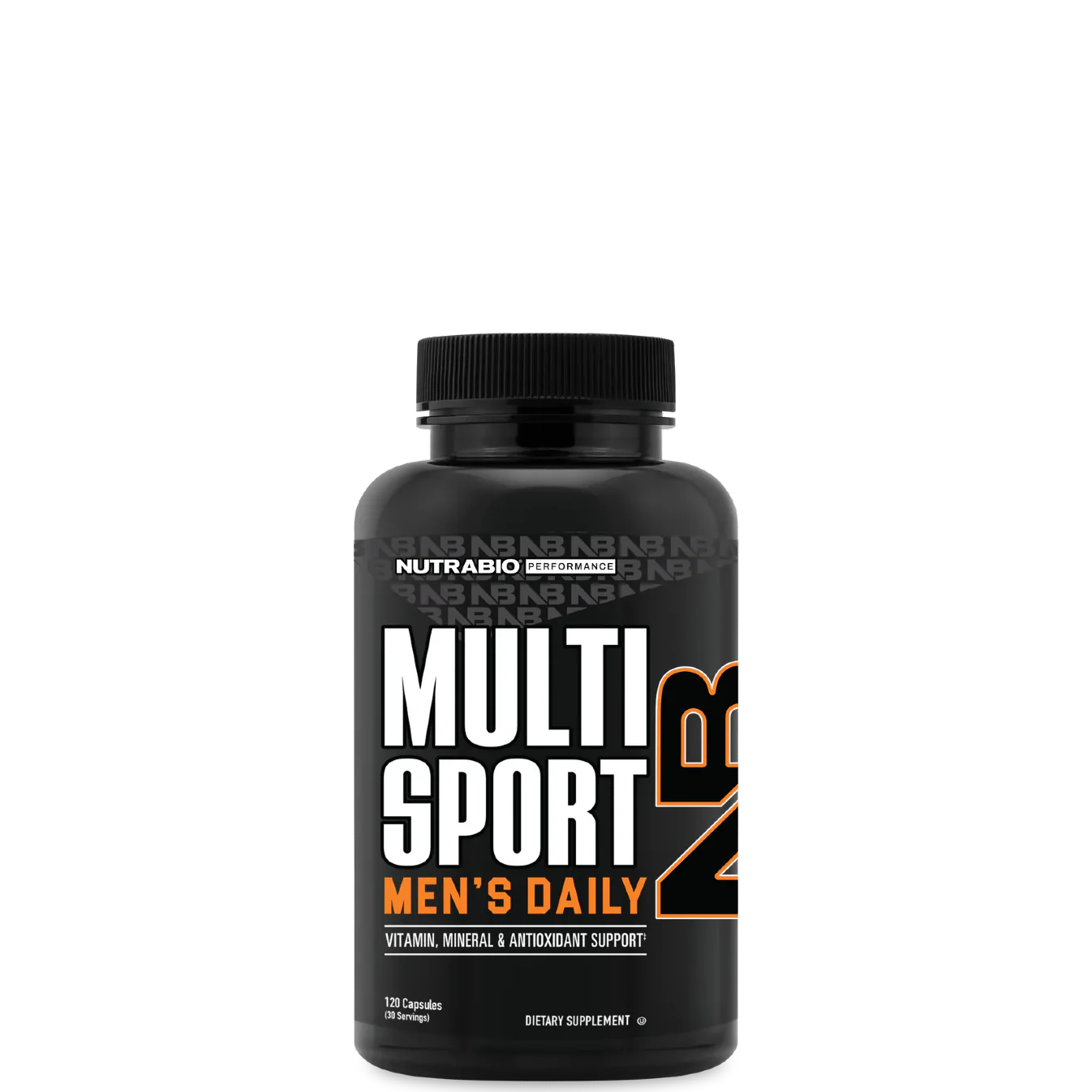 A bottle of NutraBio MultiSport Men's Daily multivitamin supplement.