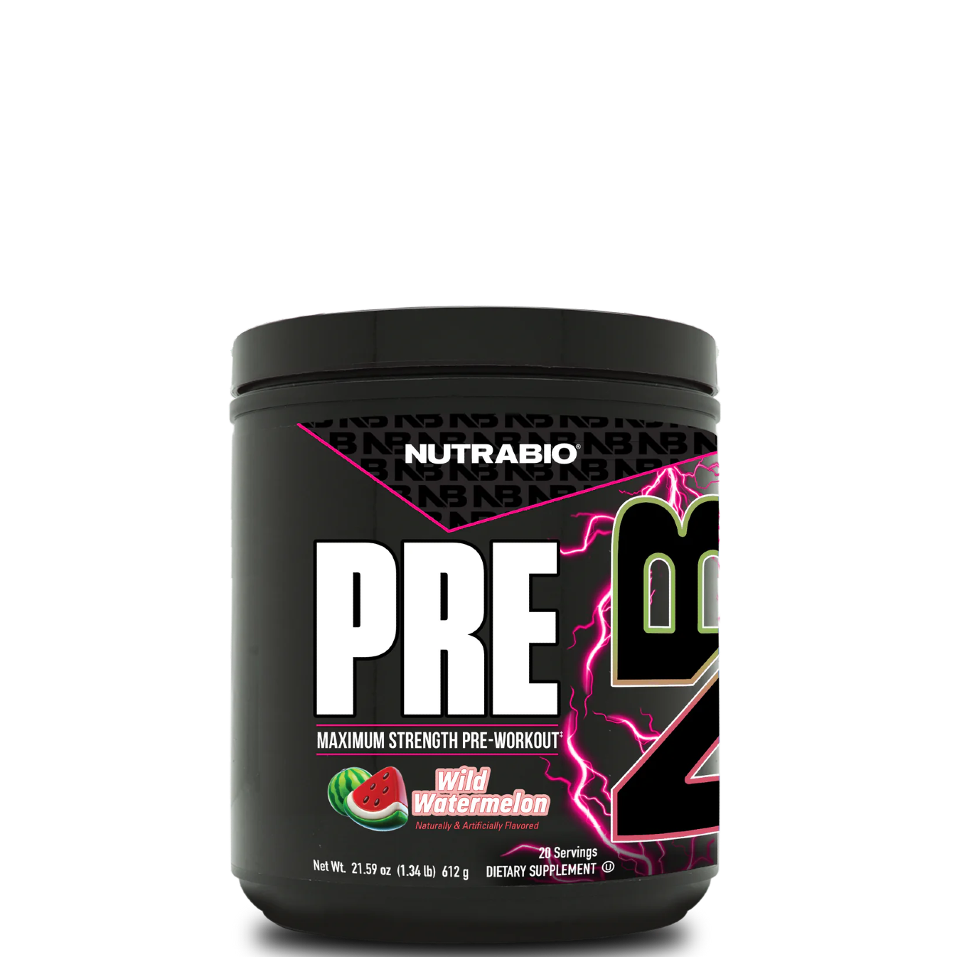 A container of NutraBio Maximum Strength Pre-Workout supplement with lemon burst flavor.