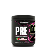 A container of NutraBio Maximum Strength Pre-Workout supplement with lemon burst flavor.