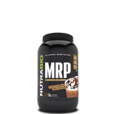 A container of NutraBio MRP meal replacement powder in vanilla flavor.