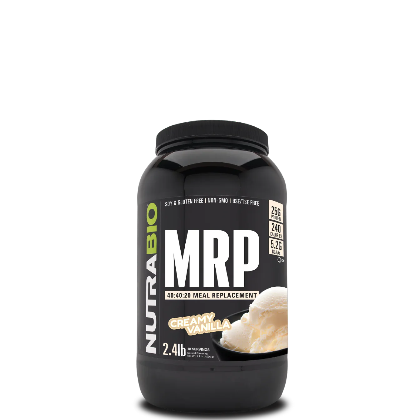 A container of NutraBio MRP meal replacement powder in vanilla flavor.