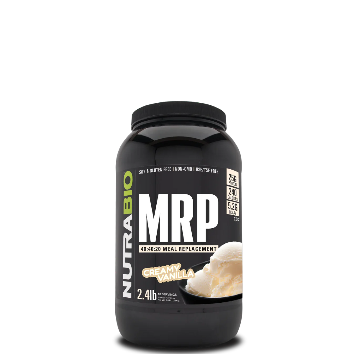 A container of NutraBio MRP meal replacement powder in vanilla flavor.