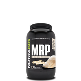 A container of NutraBio MRP meal replacement powder in vanilla flavor.