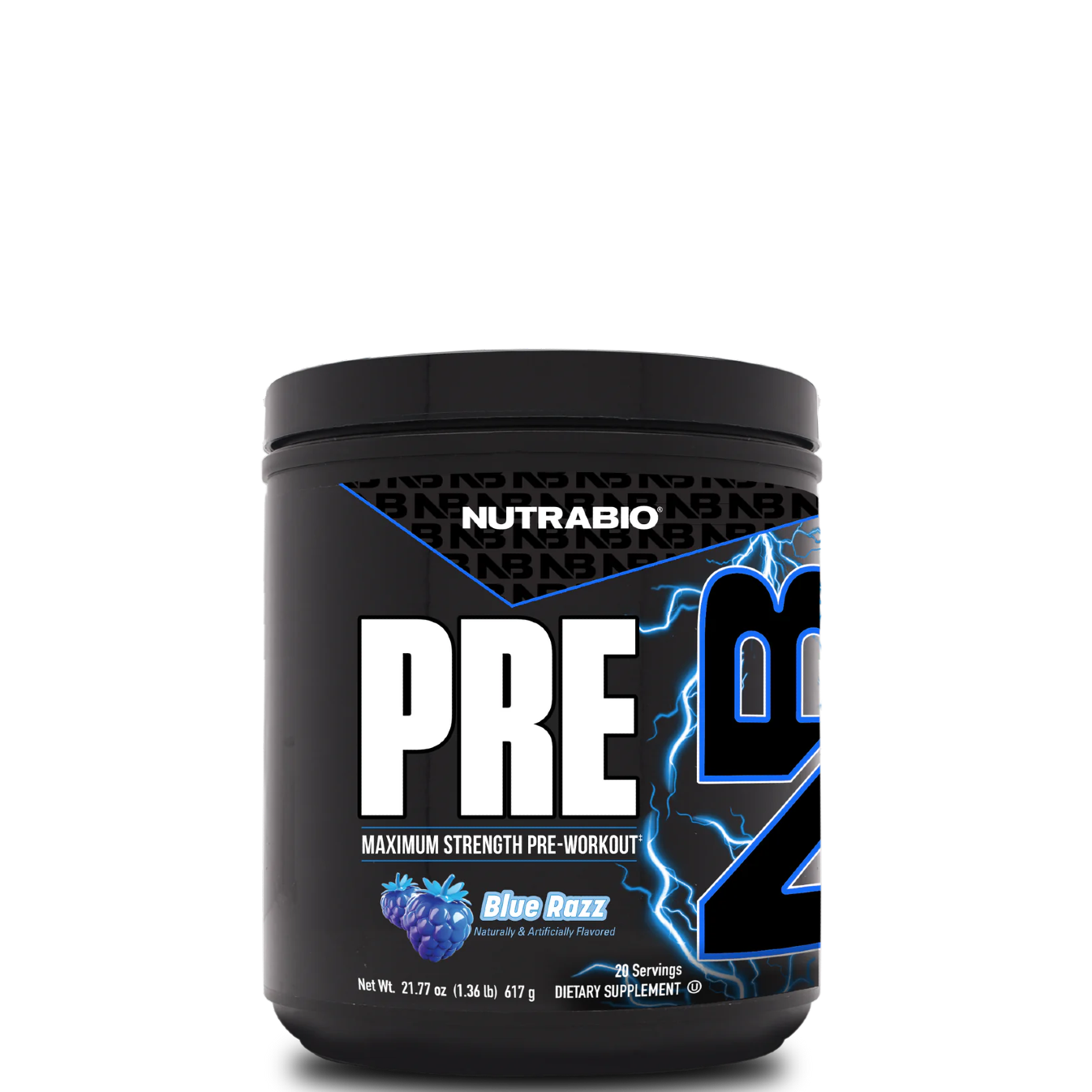 A container of NutraBio Maximum Strength Pre-Workout supplement with lemon burst flavor.