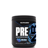 A container of NutraBio Maximum Strength Pre-Workout supplement with lemon burst flavor.