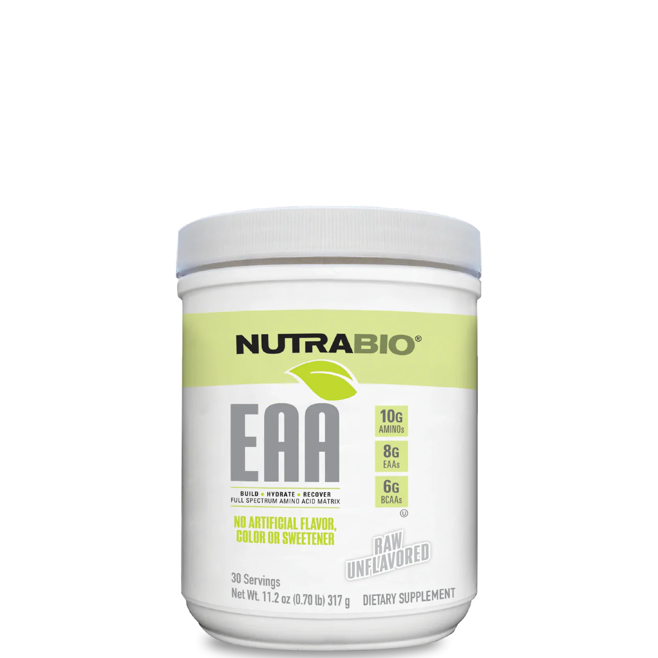 A container of NutraBio EAA Natural Powder with the flavor Strawberry Lemonade, highlighting the product's features such as being sugar-free and containing essential amino acids.