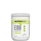 A container of NutraBio EAA Natural Powder with the flavor Strawberry Lemonade, highlighting the product's features such as being sugar-free and containing essential amino acids.
