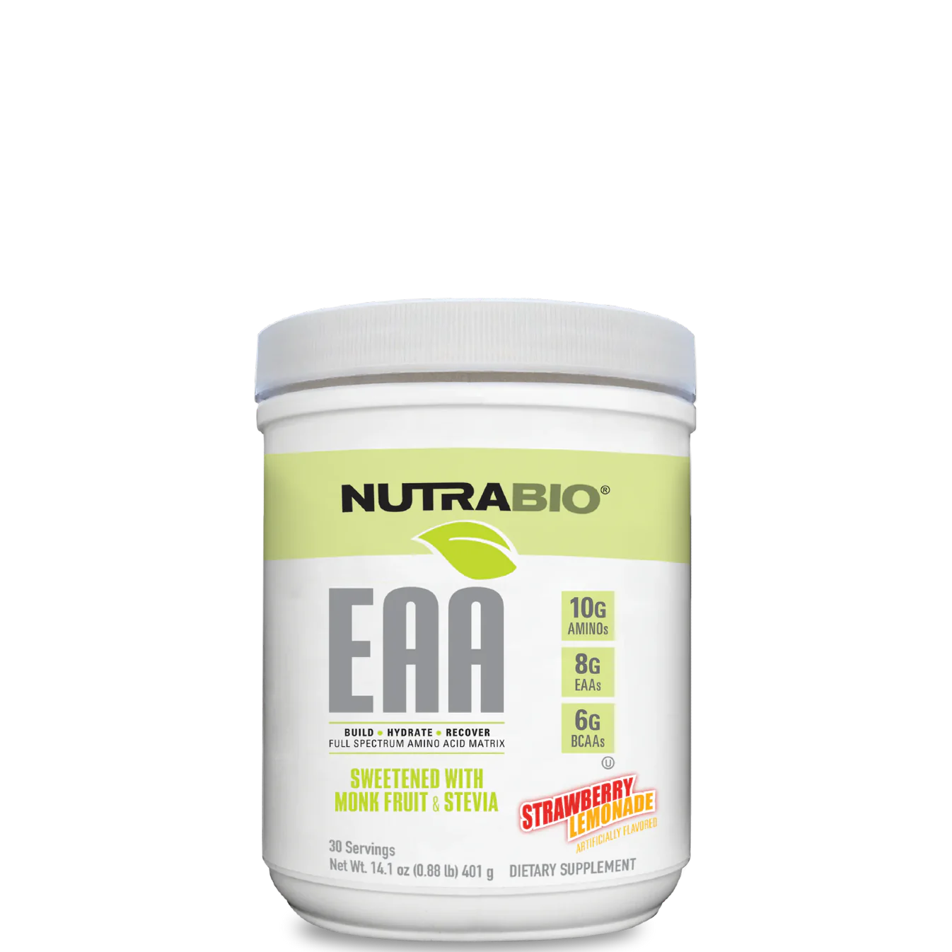 A container of NutraBio EAA Natural Powder with the flavor Strawberry Lemonade, highlighting the product's features such as being sugar-free and containing essential amino acids.