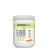 A container of NutraBio EAA Natural Powder with the flavor Strawberry Lemonade, highlighting the product's features such as being sugar-free and containing essential amino acids.