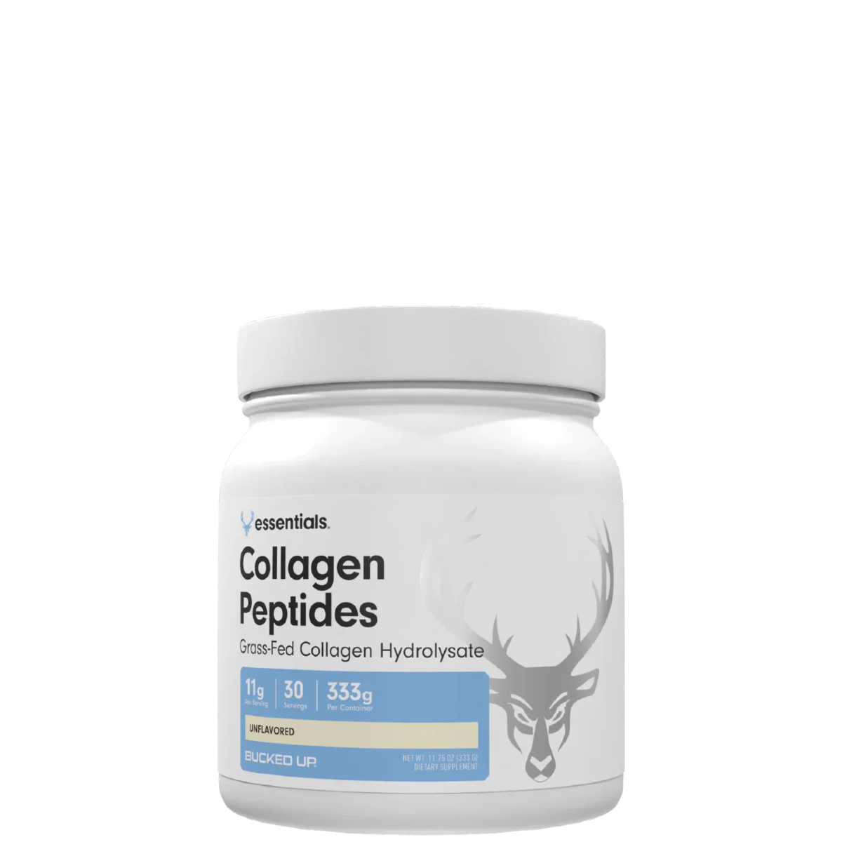 A container of Bucked Up Collagen Peptides, unflavored, with a white label featuring the product name and a graphic of a deer head.