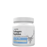 A container of Bucked Up Collagen Peptides, unflavored, with a white label featuring the product name and a graphic of a deer head.