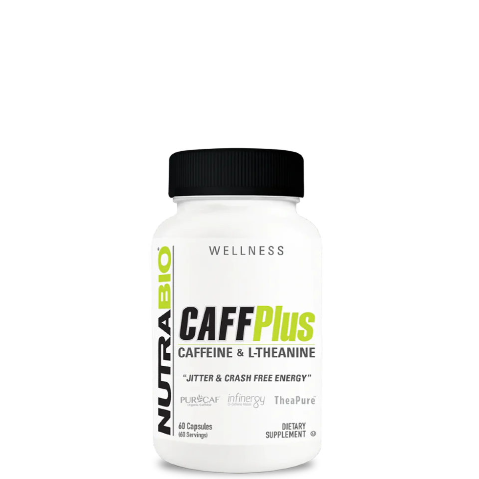 A bottle of NutraBio CAFFPlus capsules, which are dual-source caffeine and L-theanine supplement capsules for energy and focus.